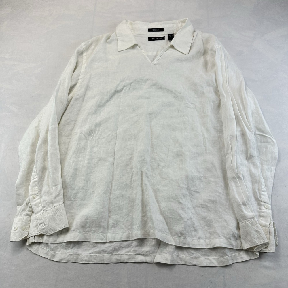 Brandini Womens XL 100% Linen White Long Sleeve Collared V Neck Blouse Top
